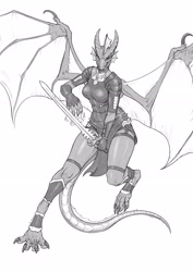 Size: 2480x3508 | Tagged: safe, artist:silgiriya, dragon, fictional species, anthro, armor, female, high res, horns, solo, solo female, sword, tail, weapon, wings