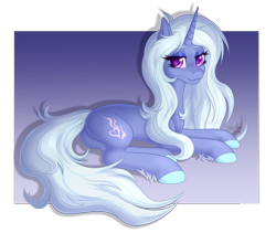 Size: 4284x3624 | Tagged: safe, artist:starshade, oc, oc only, oc:misty, equine, fictional species, mammal, pony, unicorn, feral, hasbro, my little pony, 2021, barrette, commission, cute, cutie mark, female, gradient background, heart, heart eyes, horn, lightly watermarked, lying down, mare, prone, purple eyes, simple background, smiling, transparent background, watermark, wingding eyes