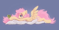 Size: 1045x548 | Tagged: safe, artist:draw__3, fluttershy (mlp), equine, fictional species, mammal, pegasus, pony, feral, friendship is magic, hasbro, my little pony, nintendo, nintendo ds, 2021, feathered wings, feathers, female, fur, hair, lying down, mane, mare, nintendogs, pillow, pink hair, pink mane, pink tail, prone, solo, solo female, tail, wings, yellow body, yellow fur