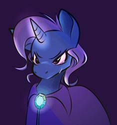 Size: 1008x1073 | Tagged: safe, artist:dizeedog, trixie (mlp), equine, fictional species, mammal, pony, unicorn, feral, friendship is magic, hasbro, my little pony, 2021, blue body, brooch, cape, clothes, female, frowning, glowing, glowing horn, hat, horn, mare, solo, solo female, tail