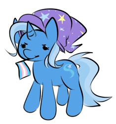Size: 1008x1073 | Tagged: safe, artist:dizeedog, trixie (mlp), equine, fictional species, mammal, pony, unicorn, feral, friendship is magic, hasbro, my little pony, 2021, blue body, clothes, female, flag, frowning, glowing, glowing horn, hat, horn, mare, pride flag, solo, solo female, tail, transgender pride flag