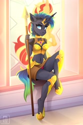 Size: 2730x4096 | Tagged: safe, artist:bubuvany, oc, oc only, arthropod, changeling, equine, fictional species, anthro, unguligrade anthro, friendship is magic, hasbro, my little pony, 2021, anthrofied, belly button, bottomwear, clothes, female, gradient tail, high res, hooves, horn, looking at you, midriff, sitting, skirt, smiling, solo, solo female, spear, tail, upskirt, weapon