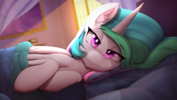 Size: 2560x1440 | Tagged: safe, artist:thebatfang, princess celestia (mlp), alicorn, equine, fictional species, mammal, pony, friendship is magic, hasbro, my little pony, 16:9, 2020, bed, bedroom, bedroom eyes, biting, blanket, cute, ear fluff, ethereal mane, eyebrow through hair, eyebrows, female, fluff, fur, hair, hooves, horn, indoors, interior, lip biting, looking at you, lying down, lying on bed, mare, morning, morning ponies, multicolored hair, offscreen character, on bed, pillow, pink eyes, pov, smiling, solo, solo female, wallpaper, white body, white fur, wings