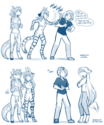 Size: 2022x2444 | Tagged: safe, artist:twokinds, flora (twokinds), raine (twokinds), red-haired guy (twokinds), chimera, feline, fictional species, human, hybrid, keidran, mammal, anthro, digitigrade anthro, twokinds, antlers, bottomwear, breasts, clothes, comic, complete nudity, featureless breasts, featureless crotch, female, fur, group, high res, male, monochrome, nudity, pants, shirt, shoes, simple background, standing, striped fur, tail, talking, topwear, white background