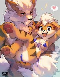 Size: 600x760 | Tagged: suggestive, artist:popodunk, arcanine, fictional species, growlithe, mammal, anthro, nintendo, pokémon, 2021, bikini, black nose, breasts, brother, brother and sister, chest fluff, clothes, digital art, duo, duo male and female, ears, eyelashes, female, floppy ears, fluff, fur, hair, heart, looking at you, male, micro bikini, neck fluff, open mouth, open smile, paw pads, paws, siblings, sister, smiling, speech bubble, swimsuit, tail, thighs, tongue