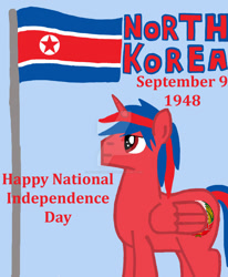 Size: 1024x1240 | Tagged: safe, artist:moonlighttheif, oc, alicorn, equine, fictional species, mammal, pony, feral, hasbro, my little pony, deviantart watermark, flag, independence day, nation ponies, national day, north korea, north korean national independence day, obtrusive watermark, ponified, simple background, solo, trolling, watermark