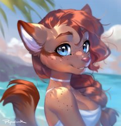 Size: 700x730 | Tagged: safe, artist:popodunk, oc, oc only, cat, feline, mammal, anthro, 2021, beach, blurred background, breasts, bust, clothes, cloud, detailed background, digital art, dress, ears, female, fur, hair, looking at you, ocean, pink nose, portrait, sky, solo, solo female, water