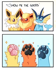 Size: 1350x1692 | Tagged: safe, artist:decaydog, eeveelution, fictional species, flareon, jolteon, mammal, vaporeon, feral, nintendo, pokémon, :3, :<, ambiguous gender, blue body, comic, ear fins, ears, fins, fish tail, fluff, frowning, fur, group, leg fluff, neck fluff, orange body, orange fur, paw pads, paws, smiling, tail, trio, underpaw, white body, white fur, yellow body, yellow fur
