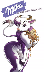 Size: 1200x1930 | Tagged: safe, artist:chochi, bovid, cattle, cow, mammal, anthro, arm hooves, bedroom eyes, between breasts, big butt, breast squish, breasts, butt, chocolate, covering, cowbell, female, food, hooves, horns, huge breasts, lips, melting, milka's cow, nudity, purple lips, seductive, sexy, solo, solo female, wide hips