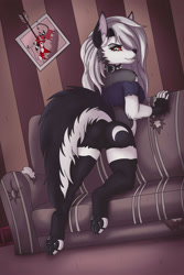 Size: 2000x3000 | Tagged: suggestive, artist:lw-88, loona (vivzmind), canine, fictional species, hellhound, mammal, anthro, digitigrade anthro, hazbin hotel, helluva boss, 2021, arm fluff, black nose, black paw pads, bottomwear, breasts, butt, claws, clothes, collar, colored sclera, couch, crop top, cropped shirt, ear fluff, ears, eyebrows, eyelashes, eyeshadow, fangs, female, fingerless gloves, fluff, fur, gloves, gray body, gray fur, hair, hair over one eye, high res, legwear, long hair, looking at you, looking back, looking back at you, makeup, multicolored fur, paw pads, paws, red sclera, sharp teeth, shoulder fluff, smiling, smiling at you, solo, solo female, spiked collar, tail, tail fluff, teeth, thigh highs, thighs, toeless legwear, topwear, torn clothes, torn ear, underpaw, white body, white eyes, white fur, white hair
