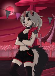 Size: 1920x2663 | Tagged: safe, artist:lw-88, loona (vivzmind), canine, fictional species, hellhound, mammal, anthro, hazbin hotel, helluva boss, 2021, big breasts, black nose, bottomwear, breasts, chest fluff, clothes, collar, colored sclera, crop top, crossed arms, ear fluff, ear piercing, earring, ears, eyebrows, eyelashes, eyeshadow, fangs, female, fingerless gloves, fluff, full moon, fur, gloves, gray body, gray fur, gray hair, hair, hell, legwear, long hair, looking at you, makeup, midriff, moon, multicolored fur, open mouth, open smile, outdoors, piercing, red sclera, sharp teeth, shorts, smiling, smiling at you, solo, solo female, spiked collar, tail, tail fluff, teeth, thigh highs, tongue, tongue out, topwear, torn ear, vest, white body, white eyes, white fur