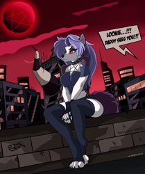 Size: 1920x2297 | Tagged: safe, artist:lw-88, loona (vivzmind), canine, fictional species, hellhound, mammal, anthro, digitigrade anthro, hazbin hotel, helluva boss, 2021, arm fluff, big breasts, black nose, bottomwear, breasts, claws, clothes, collar, colored sclera, crop top, dialogue, ears, eyebrows, eyelashes, eyeshadow, female, fingerless gloves, fluff, full moon, fur, gloves, gray body, gray fur, gray hair, hair, hell, legwear, long hair, looking at someone, makeup, midriff, moon, multicolored fur, offscreen character, outdoors, paws, pentagram, red sclera, shoulder fluff, solo, solo female, speech bubble, spiked collar, tail, tail fluff, talking, thigh highs, thighs, toeless legwear, topwear, torn clothes, white body, white eyes, white fur