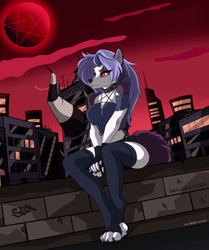 Size: 1920x2297 | Tagged: safe, alternate version, artist:lw-88, loona (vivzmind), canine, fictional species, hellhound, mammal, anthro, digitigrade anthro, hazbin hotel, helluva boss, 2021, arm fluff, big breasts, black nose, bottomwear, breasts, claws, clothes, collar, colored sclera, crop top, ears, eyebrows, eyelashes, eyeshadow, female, fingerless gloves, fluff, full moon, fur, gloves, gray body, gray fur, gray hair, hair, hell, legwear, long hair, makeup, midriff, moon, multicolored fur, outdoors, paws, pentagram, red sclera, shoulder fluff, solo, solo female, spiked collar, tail, tail fluff, thigh highs, thighs, toeless legwear, topwear, torn clothes, white body, white eyes, white fur