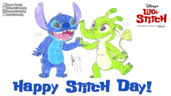 Size: 1500x843 | Tagged: safe, artist:cre8tivdemby, felix (lilo & stitch), stitch (lilo & stitch), alien, experiment (lilo & stitch), fictional species, disney, lilo & stitch, 2020, 4 fingers, 4 toes, antennae, black eyes, blue body, blue claws, blue fur, blue nose, character name, chest fluff, claws, dipstick antennae, duo, duo male, ears, english text, fluff, fur, green body, green claws, green fur, happy, head fluff, male, males only, multicolored antennae, open mouth, open smile, simple background, smiling, standing, text, toe claws, torn ear, traditional art, trunk, white background