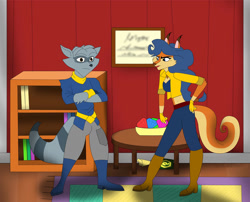 Size: 1280x1035 | Tagged: safe, artist:agusthelatinfurry, carmelita fox (sly cooper), sly cooper (sly cooper), canine, fox, mammal, procyonid, raccoon, anthro, plantigrade anthro, sly cooper (series), clothes, crop top, duo, female, male, topwear