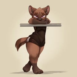 Size: 2500x2500 | Tagged: safe, artist:louart, hyena, mammal, anthro, bottomwear, clothes, female, high res, shirt, short shorts, shorts, solo, solo female, tail, thick thighs, thighs, topwear