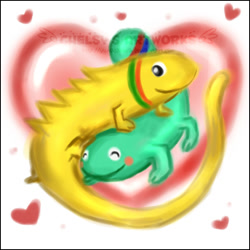 Size: 600x600 | Tagged: safe, artist:yunasakura, lizard, reptile, feral, nintendo, rhythm heaven, 2009, blushing, couple, duo, eyes closed, female, heart, male, male/female, obtrusive watermark, shipping, simple background, tail, watermark, white background