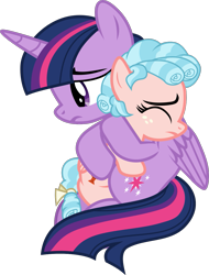 Size: 1039x1370 | Tagged: safe, artist:lincolnbrewsterfan, cozy glow (mlp), twilight sparkle (mlp), alicorn, equine, fictional species, mammal, pegasus, pony, feral, friendship is magic, hasbro, my little pony, duo, duo female, feathered wings, feathers, female, females only, filly, foal, freckles, hug, mare, sad, sitting, vector, wings, young
