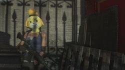 Size: 1280x720 | Tagged: safe, isabelle (animal crossing), jill valentine (resident evil), canine, dog, human, mammal, shih tzu, animal crossing, capcom, nintendo, resident evil, 3d, clothes, crossover, digital art, female, fence, gun, hair, hairband, jewelry, mask, mod, necklace, shadow, solo, solo female, weapon