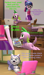 Size: 1920x3240 | Tagged: safe, artist:red4567, everest (paw patrol), spike (mlp), twilight sparkle (mlp), canine, dog, human, husky, mammal, nordic sled dog, feral, equestria girls, friendship is magic, hasbro, my little pony, nickelodeon, paw patrol, 2021, 3d, black nose, bottomwear, butt, clothes, collar, comic, crossover, dialogue, digital art, dog butt, ears, eyelashes, female, fur, glasses, hair, laptop, lying down, male, open mouth, open smile, sci-twi (mlp), shirt, skin, skirt, smiling, source filmmaker, spike the regular dog, spiked collar, tail, talking, text, tongue, topwear