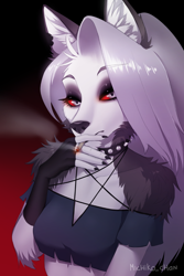 Size: 704x1052 | Tagged: safe, artist:michikochan, loona (vivzmind), canine, fictional species, hellhound, mammal, anthro, hazbin hotel, helluva boss, black nose, breasts, bust, cigarette, clothes, collar, colored sclera, crop top, cropped shirt, ear fluff, ears, eyebrows, eyelashes, eyeshadow, female, fingerless gloves, fluff, fur, gloves, gray body, gray fur, hair, long hair, makeup, midriff, multicolored fur, portrait, red sclera, shoulder fluff, silver hair, smoking, solo, solo female, spiked collar, topwear, torn clothes, torn ear, white body, white eyes, white fur