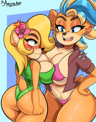 Size: 5032x6400 | Tagged: suggestive, artist:bmayyneart, coco bandicoot (crash bandicoot), tawna bandicoot (crash bandicoot), bandicoot, mammal, marsupial, anthro, cc by-nc-nd, crash bandicoot (series), creative commons, abstract background, absurd resolution, annoyed, big breasts, big butt, bikini, black outline, blue eyes, breast envy, breast squish, breasts, bust, butt, clothes, duo, female, green eyes, green swimsuit, jacket, one-piece swimsuit, pink bikini, pink swimsuit, signature, swimsuit, thick thighs, thighs, topwear, wide hips