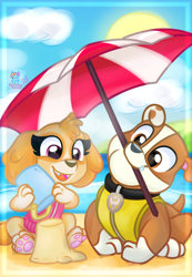 Size: 1920x2780 | Tagged: safe, artist:rainbow eevee, rubble (paw patrol), skye (paw patrol), canine, cockapoo, dog, english bulldog, mammal, nickelodeon, paw patrol, beach, beach umbrella, bucket, cloud, collar, cute, duo, female, happy, holding, looking down, male, mouth hold, ocean, open mouth, paw pads, paws, sand, sand castle, scenery, sitting, sun, umbrella, water