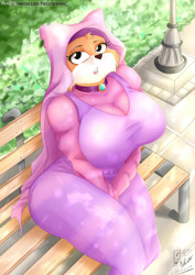 Size: 2094x2961 | Tagged: safe, artist:viejillox, maid marian (robin hood), canine, fox, mammal, anthro, disney, robin hood (disney), 2019, black nose, breasts, clothes, eyebrows, eyelashes, female, fur, high res, huge breasts, looking at you, multicolored fur, open mouth, orange body, orange fur, outdoors, solo, solo female, teeth, thick thighs, thighs, tongue, two toned body, two toned fur, vixen, white body, white fur