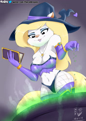 Size: 2170x3069 | Tagged: suggestive, artist:viejillox, minerva mink (animaniacs), mammal, mink, mustelid, anthro, animaniacs, warner brothers, 2019, big breasts, blonde hair, blonde tail, blue eyes, book, boots, breasts, cauldron, cleavage, clothes, ear fluff, eyebrows, eyelashes, eyeshadow, female, fishnet, fishnet stockings, fluff, footwear, fur, gloves, hair, hat, high res, jewelry, legwear, lipstick, long gloves, long hair, makeup, necklace, open mouth, open smile, panties, pink nose, see-through, shoes, shoulder fluff, smiling, solo, solo female, stockings, tail, thigh high boots, thigh highs, thighs, tongue, topwear, underwear, white body, white fur, witch hat