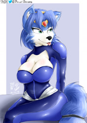 Size: 1170x1654 | Tagged: safe, artist:viejillox, krystal (star fox), canine, fox, mammal, anthro, nintendo, star fox, 2019, big breasts, black nose, blep, blue body, blue fur, blue hair, breasts, cleavage, ear fluff, eyebrows, eyelashes, female, fluff, fur, green eyes, hair, multicolored fur, solo, solo female, spacesuit, tail, tail fluff, thick thighs, thighs, tongue, tongue out, two toned body, two toned fur, vixen, white body, white fur