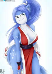 Size: 1170x1654 | Tagged: safe, artist:viejillox, krystal (star fox), canine, fox, mammal, anthro, fatal fury, nintendo, snk, star fox, 2019, big breasts, black nose, blue body, blue fur, blue hair, body markings, breasts, cleavage, clothes, cosplay, ear fluff, eyebrows, eyelashes, female, fingerless gloves, fluff, fur, gloves, hair, long hair, looking at you, mai shiranui (fatal fury), multicolored fur, shoulder fluff, smiling, smiling at you, solo, solo female, tail, tail fluff, teal eyes, thick thighs, thighs, tribal markings, two toned body, two toned fur, vixen, white body, white fur