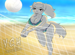 Size: 2196x1620 | Tagged: suggestive, artist:jerraldina, equine, human, mammal, pony, anthro, ball, beach, clothes, female, sexy, summer, swimsuit, volleyball, ych