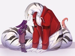 Size: 1280x962 | Tagged: safe, artist:knightdd3, fictional species, lagomorph, mammal, rabbit, reptile, snake, anthro, naga, anthro/naga, clothes, female, interspecies, jacket, male, male/female, nuzzling, size difference, topwear