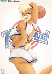 Size: 1170x1654 | Tagged: safe, artist:viejillox, lola bunny (looney tunes), lagomorph, mammal, rabbit, anthro, looney tunes, space jam, warner brothers, 2020, ball, basketball, black nose, blonde hair, blue eyes, bottomwear, breasts, butt, clothes, cream body, cream fur, crop top, ear fluff, eyebrows, eyelashes, female, fluff, fur, gloves, hair, long ears, looking at you, midriff, multicolored hair, open mouth, open smile, short tail, shorts, shoulder fluff, smiling, smiling at you, solo, solo female, sports bra, sports shorts, tail, teeth, thick thighs, thighs, tongue, topwear, two toned hair, underboob