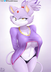 Size: 1170x1654 | Tagged: suggestive, artist:viejillox, blaze the cat (sonic), cat, feline, mammal, anthro, sega, sonic the hedgehog (series), 2020, big breasts, black nose, breasts, cleavage, clothes, ear fluff, eyelashes, female, fluff, fur, hair, hair accessory, looking at you, multicolored fur, panties, purple body, purple fur, smiling, smiling at you, solo, solo female, tail, thick thighs, thighs, topwear, underboob, underwear, white body, white fur, yellow eyes