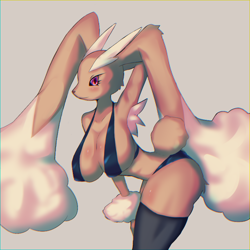 Size: 800x800 | Tagged: suggestive, artist:chatora, fictional species, lopunny, mammal, anthro, nintendo, pokémon, 2021, arm fluff, big breasts, big butt, blushing, breasts, brown body, brown fur, butt, cleavage, clothes, cream body, cream fur, eyelashes, female, fur, legwear, long ears, looking at you, multicolored fur, pink eyes, short tail, smiling, smiling at you, solo, solo female, tail, thick thighs, thigh highs, thighs, two toned body, two toned fur