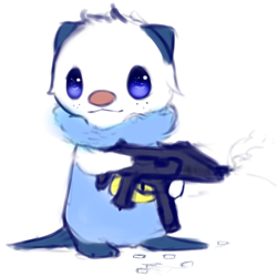 Size: 2000x2000 | Tagged: safe, artist:snoiifoxxo, fictional species, mammal, oshawott, feral, nintendo, pokémon, ambiguous gender, cute, gun, high res, holding object, pure unfiltered evil, scorpion evo, simple background, solo, solo ambiguous, starter pokémon, tail, this will end in pain, this will not end well, weapon, white background