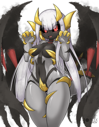 Size: 801x1025 | Tagged: safe, artist:rilexlenov, fictional species, giratina, legendary pokémon, anthro, cc by-nc-sa, creative commons, nintendo, pokémon, 2021, belly button, black outline, black sclera, breasts, colored sclera, digital art, eyelashes, female, hair, open mouth, red eyes, solo, solo female, spread wings, tail, thigh squish, thighs, tongue, watermark, wide hips, wings
