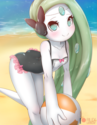 Size: 801x1025 | Tagged: safe, artist:rilexlenov, fictional species, legendary pokémon, meloetta, mythical pokémon, humanoid, cc by-nc-sa, creative commons, fire emblem, fire emblem fates, nintendo, pokémon, 2019, ball, beach, beach ball, bent over, black outline, blushing, clothes, digital art, eyelashes, female, hair, looking at you, ocean, sand, smiling, smiling at you, solo, solo female, swimsuit, thighs, water