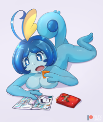 Size: 801x948 | Tagged: suggestive, artist:rilexlenov, fictional species, sobble, anthro, digitigrade anthro, cc by-nc, creative commons, frito-lay, nintendo, pokémon, 2019, black outline, blue eyes, blue skin, breasts, butt, chips, comic, curled tail, digital art, doritos, ears, eating, eyelashes, female, food, hair, lying down, nudity, open mouth, reading, scales, solo, solo female, starter pokémon, tail, thighs, tongue
