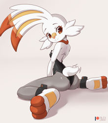 Size: 901x1025 | Tagged: suggestive, artist:rilexlenov, fictional species, scorbunny, anthro, digitigrade anthro, cc by-nc-sa, creative commons, nintendo, pokémon, 2019, black outline, blushing, breasts, bunny suit, butt, cheek fluff, clothes, digital art, eyelashes, female, fluff, footwear, fur, kneeling, legwear, looking at you, looking back, looking back at you, orange eyes, pose, rear view, short tail, simple background, small breasts, solo, solo female, starter pokémon, stockings, tail, thighs, white body, white fur