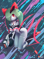 Size: 765x1025 | Tagged: safe, artist:rilexlenov, oc, oc:yui (rilexlenov), fictional species, kirlia, anthro, humanoid, cc by-nc-sa, creative commons, nintendo, pokémon, 2019, belly button, black outline, clothes, digital art, eyelashes, female, green hair, gun, hair, hair over one eye, hands, looking at you, one eye closed, red eyes, sci-fi, solo, solo female, suit, thighs, weapon