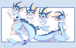 Size: 1428x916 | Tagged: safe, artist:teranen, eeveelution, fictional species, mammal, vaporeon, anthro, nintendo, pokémon, 2021, black nose, blue body, border, breasts, chinese dress, cleavage, clothes, dress, eyebrows, eyelashes, female, heart, heart eyes, kneeling, looking at you, love heart, multicolored body, open mouth, open smile, paws, purple eyes, smiling, smiling at you, solo, solo female, tail, thick thighs, thighs, tongue, wingding eyes