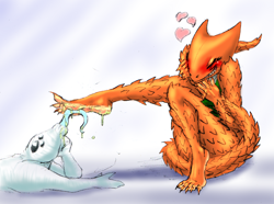 Size: 1976x1472 | Tagged: safe, artist:quintonquill, lizard, reptile, thorny devil, anthro, barefoot, blushing, duo, eyes closed, feet, female, grin, heart, horridus (savage dragon), licking, licking foot, love heart, male, savage dragon (comic), soles, spikes, tickle fetish, tickle torture, tickling, toes, tongue, tongue out