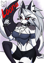 Size: 2480x3508 | Tagged: safe, artist:drfoxxbutt, loona (vivzmind), canine, fictional species, hellhound, mammal, anthro, hazbin hotel, helluva boss, 2019, big breasts, black nose, bottomwear, breasts, cell phone, cleavage, clothes, collar, colored sclera, crop top, cropped shirt, ear fluff, ear piercing, earring, ears, eye through hair, eyebrow through hair, eyebrows, female, fingerless gloves, fluff, fur, gloves, gray body, gray fur, hair, high res, legwear, long hair, looking at you, midriff, multicolored fur, phone, piercing, red sclera, shoulder fluff, silver hair, smartphone, solo, solo female, spiked collar, tail, tail fluff, thigh highs, thighs, topwear, torn clothes, torn ear, white body, white eyes, white fur