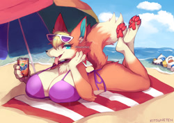 Size: 1023x723 | Tagged: suggestive, artist:kitsuneten, audie (animal crossing), gulliver (animal crossing), bird, canine, mammal, wolf, anthro, plantigrade anthro, animal crossing, animal crossing: new horizons, fanta, nintendo, 2020, adorasexy, beach towel, beach umbrella, big butt, bikini, black nose, blonde hair, breast rest, breasts, butt, chest fluff, claws, cleavage, clothes, colored pupils, cream body, cream fur, cute, cute little fangs, cyan eyes, drink, ear fluff, eyelashes, eyeshadow, fangs, female, female focus, fluff, fur, glasses, glasses on head, hair, huge breasts, looking at you, lying down, makeup, multicolored fur, ocean, open mouth, open smile, paw pads, paws, purple bikini, purple swimsuit, red paw pads, sand, sexy, shoulder fluff, sleeping, smiling, smiling at you, soda, soda can, solo focus, sunglasses, sunglasses on head, swimsuit, tail, tail fluff, teeth, thick thighs, thighs, tongue, tongue out, towel, two toned body, two toned fur, umbrella, underpaw, water, white body, white fur
