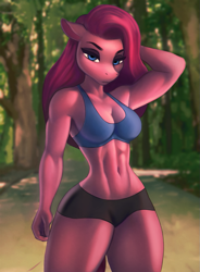 Size: 737x1000 | Tagged: safe, artist:aozee, pinkie pie (mlp), earth pony, equine, fictional species, mammal, pony, anthro, friendship is magic, hasbro, my little pony, 2021, abs, anthrofied, armpits, arms behind head, bedroom eyes, belly button, biceps, blurred background, bottomwear, breasts, clothes, commission, detailed background, digital art, ears, eyelashes, female, forest, fur, hair, looking at you, muscles, muscular female, plant, pose, shorts, solo, solo female, sports bra, sports shorts, tail, thighs, topwear, tree, wide hips