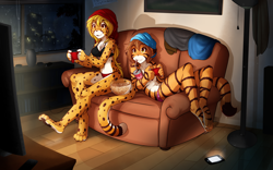 Size: 1920x1200 | Tagged: safe, artist:twokinds, flora (twokinds), oc, oc:mihari, cheetah, feline, fictional species, keidran, mammal, anthro, digitigrade anthro, twokinds, 2015, 8:5, black nose, black paw pads, black stripes, blonde hair, book, bookshelf, bra, breasts, brown hair, building, casual nudity, cell phone, chest fluff, claws, cleavage fluff, clothes, coat, controller, couch, detailed background, drink, drinking straw, duo, duo female, ear fluff, eyebrows, eyelashes, female, females only, flat chest, floppy ears, fluff, fur, game controller, green eyes, hair, indoors, lights, long hair, multicolored fur, nudity, orange body, orange fur, panties, partial nudity, paw pads, paws, phone, playing, popcorn, rain, shadow, shoulder fluff, smartphone, smiling, soda, soda can, spots, spotted fur, story included, straw, striped fur, stripes, television, thighs, topless, topwear, underwear, wet, white body, white fur, yellow eyes