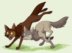 Size: 1700x1250 | Tagged: safe, artist:kaliner123, mebh mactire (wolfwalkers), robyn goodfellowe (wolfwalkers), canine, mammal, wolf, feral, cartoon saloon, wolfwalkers, blue eyes, brown body, brown fur, cub, duo, duo female, featured image, female, females only, fur, gray body, gray fur, green eyes, paw pads, paws, young