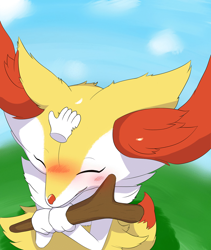 Size: 800x948 | Tagged: safe, artist:ne_i_ro, braixen, fictional species, feral, nintendo, pokémon, 2020, animated, blushing, cute, disembodied hand, ear fluff, eyelashes, eyes closed, female, fluff, fur, gif, heart, love heart, multicolored fur, petting, smiling, solo, solo female, starter pokémon, stick, tail, tail fluff, tail wag, white body, white fur, yellow body, yellow fur